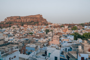 Fototapeta premium Mehrangarh Fort with the blue city of Jodhpur, Rajasthan, India in the front