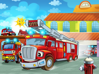 cartoon firetruck driving out of fire station to action - different fireman vehicles - illustration for children