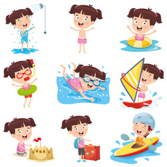Vector Illustration Of Cartoon Girl Doing Various Activities