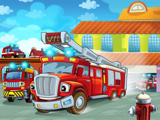 cartoon firetruck driving out of fire station to action - different fireman vehicles - illustration for children