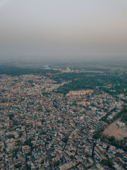Aerial drone shot of the Taj Mahal in Agra, India