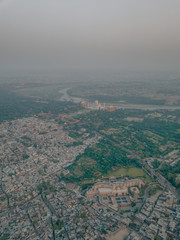 Aerial drone shot of the Taj Mahal in Agra, India
