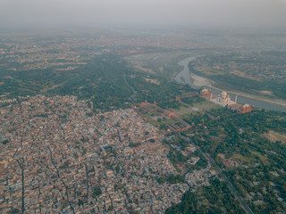 Aerial drone shot of the Taj Mahal in Agra, India