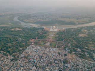 Aerial drone shot of the Taj Mahal in Agra, India