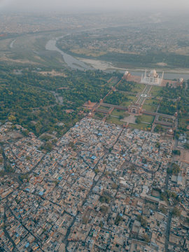 Aerial Drone Shot Of The Taj Mahal In Agra, India