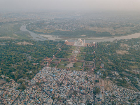 Aerial Drone Shot Of The Taj Mahal In Agra, India