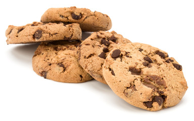 Chocolate chip cookies isolated on white background. Sweet biscuits. Homemade pastry.