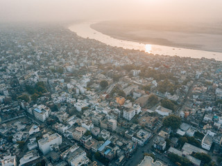 Aerial drone shot of the holy city of Varanasi, India