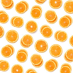  pattern of orange fruit slices. Orange slices isolated on white background. Food background. Flat lay, top view.
