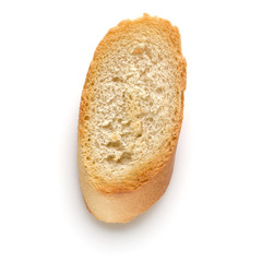 Toasted baguette slice isolated on white background close up.  Toast, crouton.   Top view.