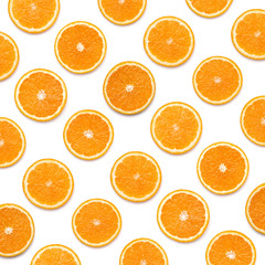 pattern of orange fruit slices. Orange slices isolated on white background. Food background. Flat lay, top view.