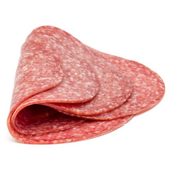Salami smoked sausage slices isolated on white background