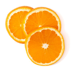 Orange fruit slice  isolated on white background closeup. Food background. Flat lay, top view.