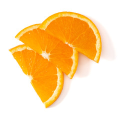Orange fruit slice  isolated on white background closeup. Food background. Flat lay, top view.