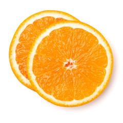 Orange fruit slice  isolated on white background closeup. Food background. Flat lay, top view.