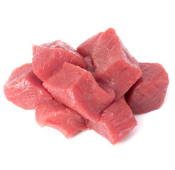 Raw chopped beef meat pieces isolated om white background cut out.
