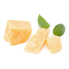shredded parmesan cheese and basil leaf isolated on white background cutout