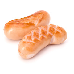 Two grilled sausages isolated on white background cutout