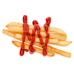 French Fried Potatoes with ketchup isolated on white background