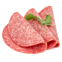 Salami smoked sausage slices isolated on white background