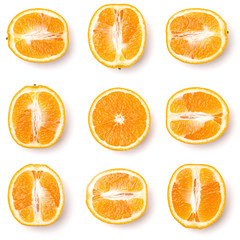 Seamless pattern of orange fruit halves. Orange fruit isolated on white background. Food background. Flat lay, top view.