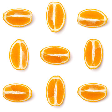 Seamless pattern of orange fruit. Orange fruit isolated on white background. Food background. Flat lay, top view.