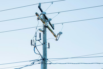 Wooden Power  Electrical Wires Pole With A Transformers.