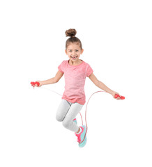 Full length portrait of girl jumping rope on white background