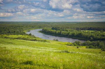 Fototapeta na wymiar beautiful landscape river delta with meadows and forest on a sunny day