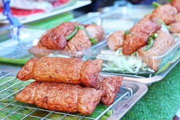 fried sausages at street food