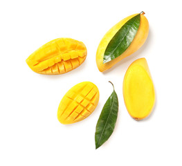 Composition with fresh mango fruits on white background, top view