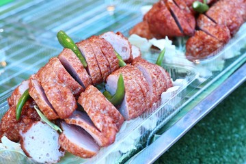 fried sausages at street food
