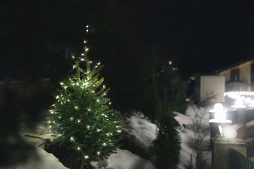 Beautiful conifer tree with Christmas lights in snow drift on street, space for text. Winter holiday