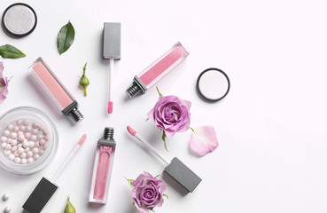 Beautiful composition with lipsticks on white background, flat lay