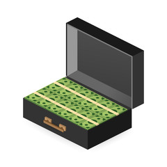 Open portfolio with money, suitcase with money, gold coin and cash in open case isometric. Vector illustration.