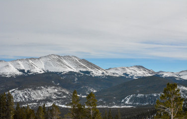 View of the mountains surrounding Breckenridge ski resort in Colorado.