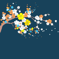  flowers tree, spring blossom,  on a blue