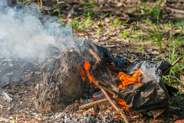 Plastic waste and rubbish open burning