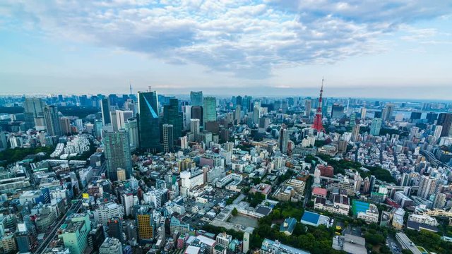 Timelapse Overview of Sunset Cityscape in Tokyo -Zoom In-