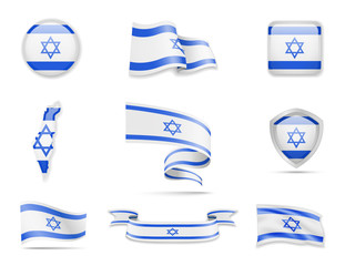 Israel flags collection. Flags and outline of the country. Vector illustration