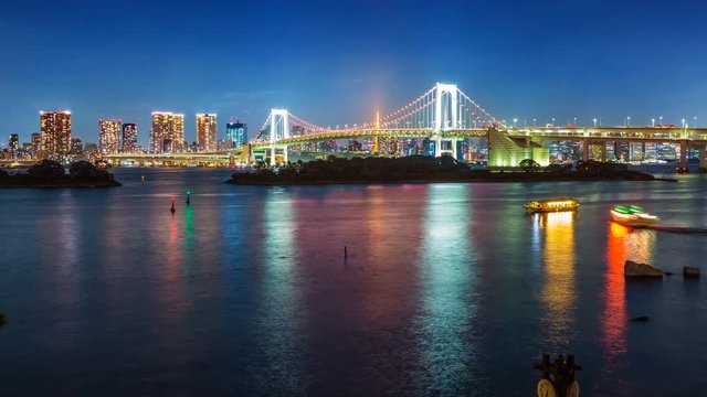 Timelapse of Rainbow Bridge over Tokyo Bay at Night -Zoom In-