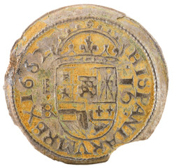 Obraz na płótnie Canvas Ancient Spanish copper coin of King Felipe IV. 1662. Coined in Segovia. 16 Maravedis. Reverse.