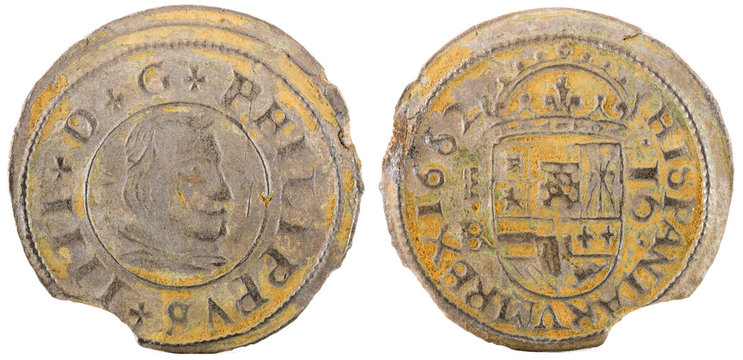 Ancient Spanish copper coin of King Felipe IV. 1662. Coined in Segovia. 16 Maravedis.
