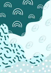 Blue abstract modern and stylish digital background with different shapes. Memphis colorful pattern. Creative forms. 