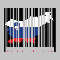 Barcode set the shape to Slovenia map outline and the color of Slovenia flag on black barcode with grey background.