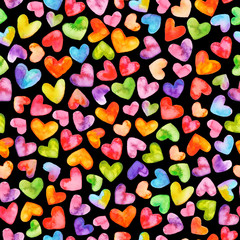 Seamless pattern with hand drawn watercolor hearts. Hand painted romantic ornament for valentines day.  Isolated on black background.