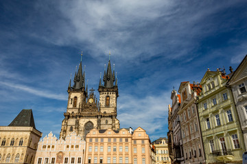 PRAGUE, CZECH REPUBLIC - AUGUST 27, 2015: Light falls in a scenery way upon the marvelous Virgin Mary church in Prague in overcast summer day in the old center of Czech Republic capital