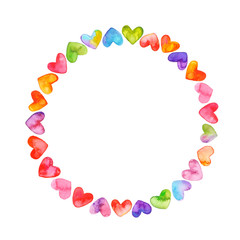 Colorful round Valentine's frame. Watercolor illustration. Isolated on white.