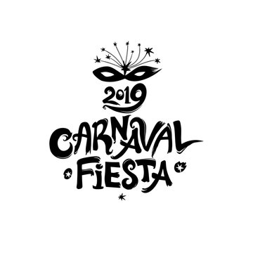 Carnaval Fiesta. 2019. logo in spanish. Translated as Carnaval party. Hand drawn vector template with Masquerade Mask. Black vector pattern isolated on white.

