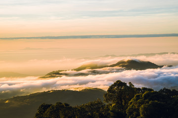 Obraz premium The background of nature with fog on the mountain. In the rainy weather in the countryside. winter.